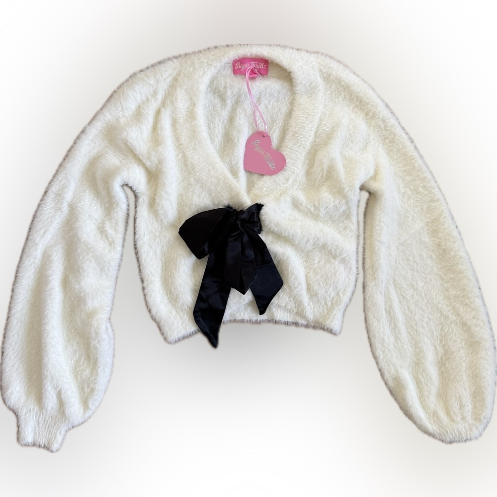 DollsKill White Fuzzy Cardigan with Black Bow